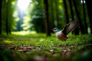 ein Vogel Das ist Stehen im das Gras. ai generiert foto