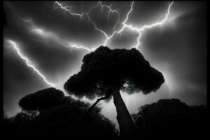 ein schwarz und Weiß Foto von ein Baum und Blitz. ai generiert