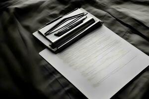 ein schwarz und Weiß Foto von ein Notizblock und Stift. ai generiert