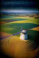 ein Antenne Aussicht von ein Windmühle im das Mitte von ein Feld. ai generiert foto