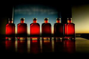 ein Reihe von rot Flaschen Sitzung auf oben von ein hölzern Tisch. ai generiert foto