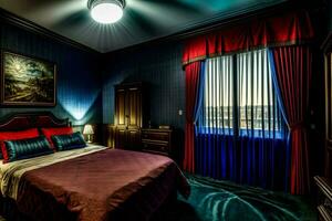 ein Bett Zimmer mit ein ordentlich gemacht Bett und ein Gemälde auf das Mauer. ai generiert foto