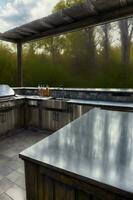 ein groß draussen Küche mit rostfrei Stahl Zähler Spitzen. ai generiert foto