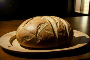 ein Laib von Brot Sitzung auf oben von ein hölzern Platte. ai generiert foto