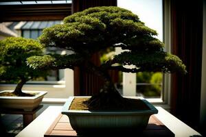ein Bonsai Baum Sitzung auf oben von ein Tisch. ai generiert foto