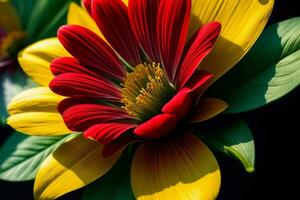 ein rot und Gelb Blume mit Grün Blätter. ai generiert foto