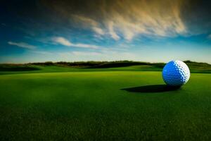 ein Golf Ball Sitzung auf oben von ein Grün Feld. ai generiert foto