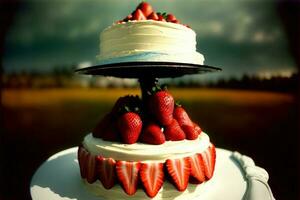 ein verdreifachen Schicht Kuchen mit Erdbeeren auf oben. ai generiert foto