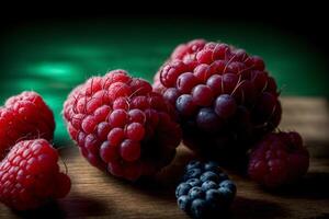 ein Bündel von Himbeeren und Blaubeeren auf ein Tisch. ai generiert foto