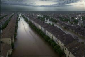 ein überflutet Bereich mit Häuser und Bäume im Es. ai generiert foto