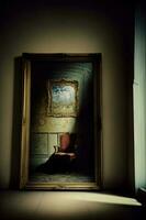 ein Zimmer mit ein Stuhl und ein Gemälde auf das Mauer. ai generiert foto