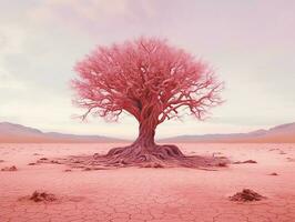 Panorama- Bild von ein Baby Rosa belaubt Baum im das Mitte von rot Utopie Wüste ai generativ foto