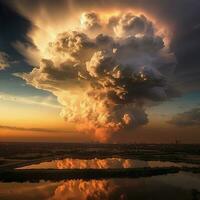 ein enorm Cumulonimbus Wolke sieht aus majestätisch Baden im ein golden Sonne Licht ai generativ foto