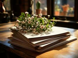 Papier auf das hölzern Tisch, echt Fotografie mit glatt Beleuchtung und Sonne Licht ai generieren foto