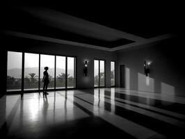 schwarz und Weiß Bild von ein Silhouette im das leeren Zimmer generativ ai foto