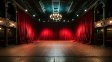 Theater Bühne, mit rot Vorhang, hölzern Boden, Stühle und Beleuchtung ai generativ foto