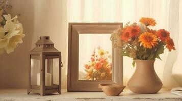 ai generativ leeren Foto Rahmen mit rustikal Laterne mit frisch Blumen