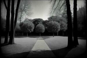 ein schwarz und Weiß Foto von Bäume im ein Park. ai generiert