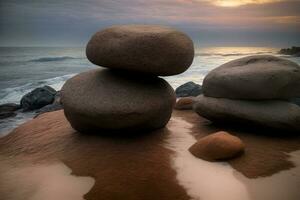 ein Stapel von Felsen Sitzung auf oben von ein sandig Strand. ai generiert foto