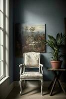 ein Stuhl im ein Zimmer mit ein Gemälde auf das Mauer. ai generiert foto
