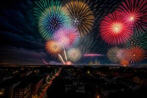 ein bunt Feuerwerk Anzeige Über ein Stadt beim Nacht. ai generiert foto