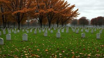 ein Friedhof mit viele Grabsteine und Bäume im das Hintergrund. ai generiert foto