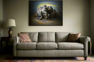 ein Couch im ein Zimmer mit ein Gemälde auf das Mauer. ai generiert foto