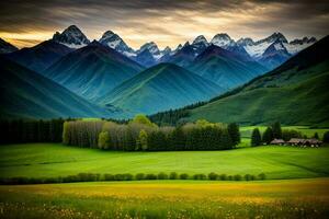 ein Gemälde von ein Grün Senke mit Berge im das Hintergrund. ai generiert foto