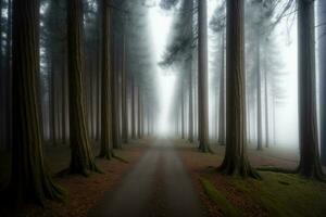 ein Straße im das Mitte von ein nebelig Wald. ai generiert foto