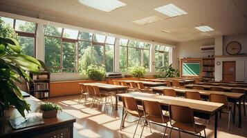 Schule Klasse im Tageslicht. sauber Innere mit Tafel, Schublade, Stühle und Tabellen ai generativ foto