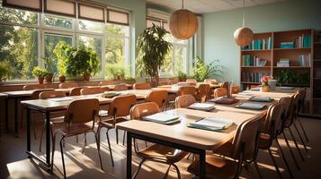 Schule Klasse im Tageslicht. sauber Innere mit Tafel, Schublade, Stühle und Tabellen ai generativ foto