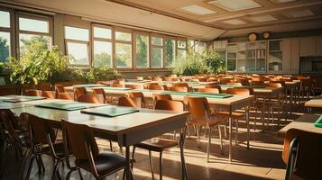 Schule Klasse im Tageslicht. sauber Innere mit Tafel, Schublade, Stühle und Tabellen ai generativ foto
