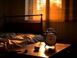 gebrochen Alarm neben das Schlafzimmer, mit Sonne Licht im das Morgen ai generativ foto