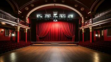 Theater Bühne, mit rot Vorhang, hölzern Boden, Stühle und Beleuchtung ai generativ foto