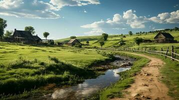 Bauernhof im sub städtisch beim Nachmittag, Ultra realistisch, glatt Beleuchtung gemacht durch ai generativ foto