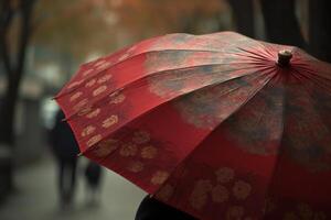 Eleganz im das Regen, ein Person mit ein gemustert Regenschirm. ai generativ foto