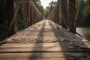 Kreuzung ein hölzern Brücke. ai generativ foto