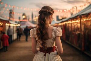 jung Frau im traditionell bayerisch Kleid auf das Messegelände. Oktoberfest. ai generativ foto