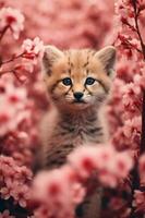 süß wenig Kätzchen auf ein Hintergrund von Blühen Sakura. ai generativ foto