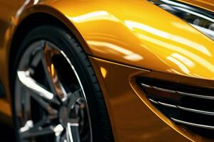 Detail von ein Gelb Sport Wagen. Nahansicht. selektiv Fokus. ai generativ foto