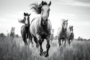 Herde von Pferde Laufen im das Feld. schwarz und Weiß Foto. ai generativ foto