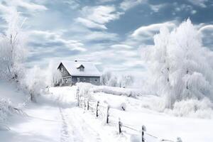 Winter Landschaft mit ein Hütte. ai generativ foto