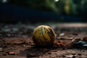 Tennis Ball im das Schmutz. ai generativ foto