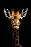 Porträt von ein Giraffe auf ein schwarz Hintergrund. Studio Schuss. ai generativ foto