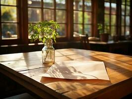 Papier auf das hölzern Tisch, echt Fotografie mit glatt Beleuchtung und Sonne Licht ai generieren foto