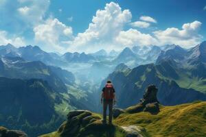 jung Wanderer mit Rucksack im Berge foto