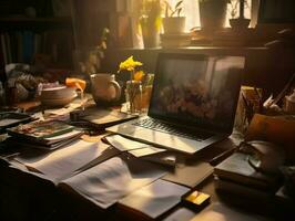 Schreibwaren mit Laptop auf chaotisch Arbeit Schreibtisch, Sonne Licht, wahnsinnig Detail ai generativ foto