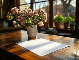 Papier auf das hölzern Tisch, echt Fotografie mit glatt Beleuchtung und Sonne Licht ai generieren foto