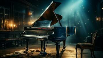 ein alt großartig Klavier im das Mitte von dunkel leer Zimmer mit Gott Strahlen Licht es oben ai generieren foto