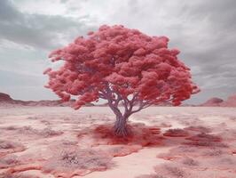 Panorama- Bild von ein Baby Rosa belaubt Baum im das Mitte von rot Utopie Wüste ai generativ foto